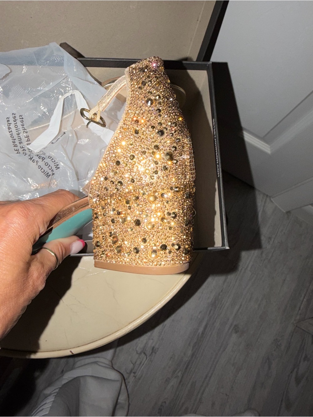 Betsey Johnson Gold Beaded Ankle-Strap Block Heels - Picture 5 of 7